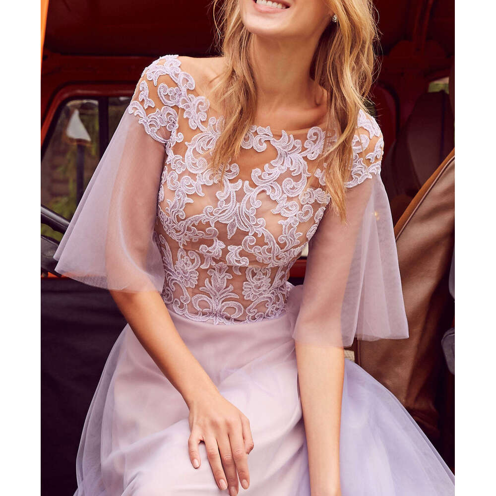 A-E Ful Evening O-Neck Appliques Lace Half Sleeve Or-Length Prom Gown Party Dress Vestido De Noite Custom Made