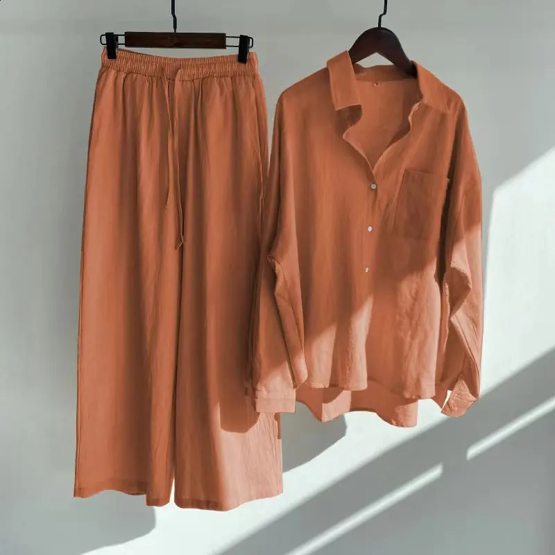 Autumn Womens Casual Cotton Linen Shirt Set Drawstring Elastic Waist Wide Leg Pants And Thin Long Sleeve Blouses Top Solid Set 240926