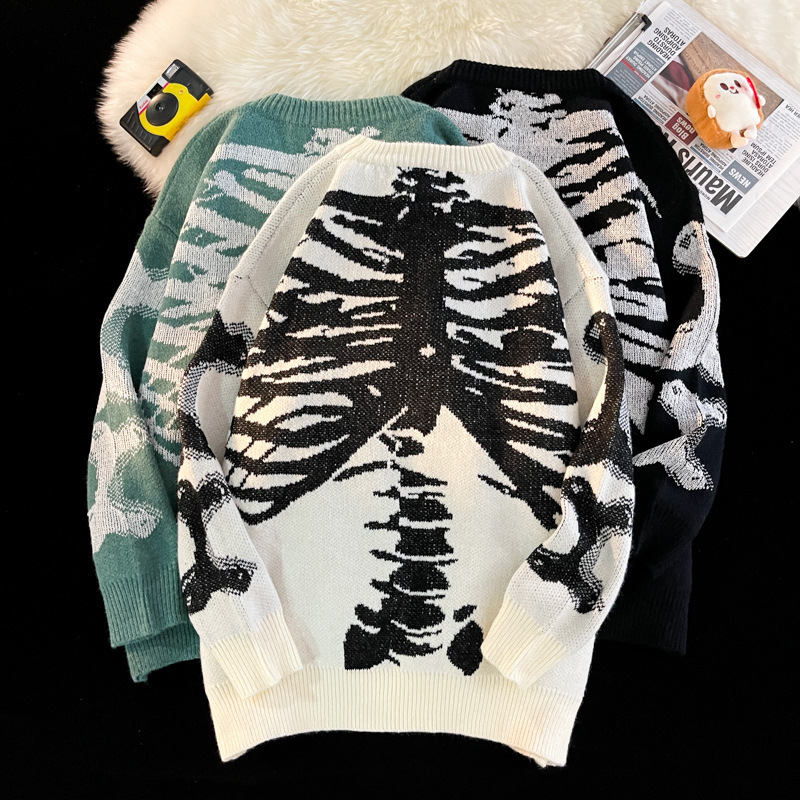 Mens Streetwear Fashion Sweater O-Neck Halloween Theme Skeleton Print Long Sleeve Swearshirt Tops Ripped Knit Jumper