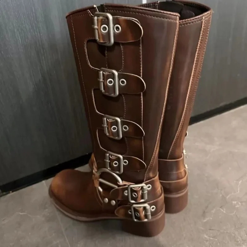 Latest Autumn/Winter Retro Summer Thin Western Cowboy Boots Middle Heel Boots Leather Knight Boots Zapatos Mujer 240926