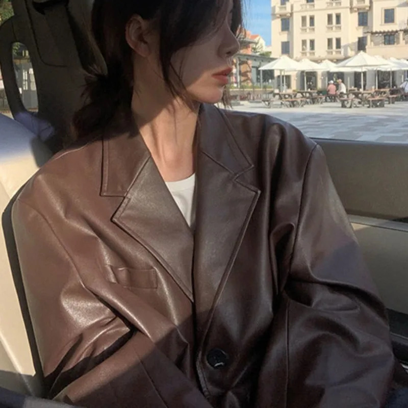 Autumn and Winter Vintage PU Leather Blazer Jacket Women Fashion Casual Loose Oversized Single-breasted Personalized Tops Coat 240918