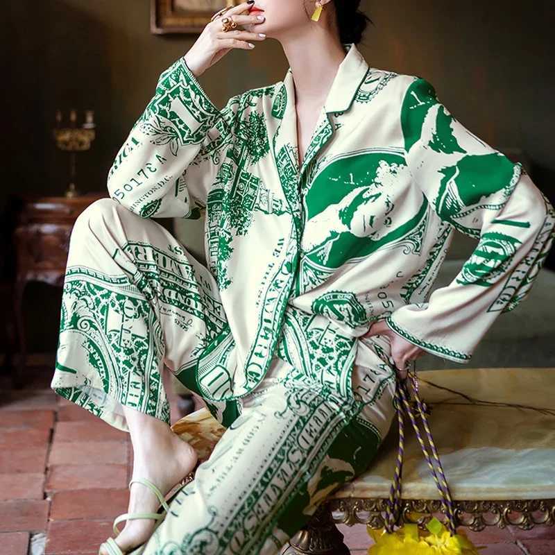 Vintage Dollar Print Pajamas For Woman Ice Silk Comfortable Homewear Sleepwear Lounge Size Autumn Shirt Sets M240925
