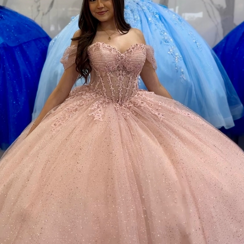 Pink Shiny Princess Quinceanera Dresses Ball Gown Off The Shoulder Lace Beads Tull Corset Sweet 16 Dress Vestidos 15 De XV Anos