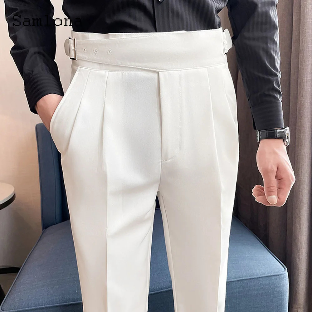 Men Elegant Buckle Up Suits Pants Solid White AnkleLength Trouser Plus Size Mens Stand Pocket Suit Formal Party Wedding 240925