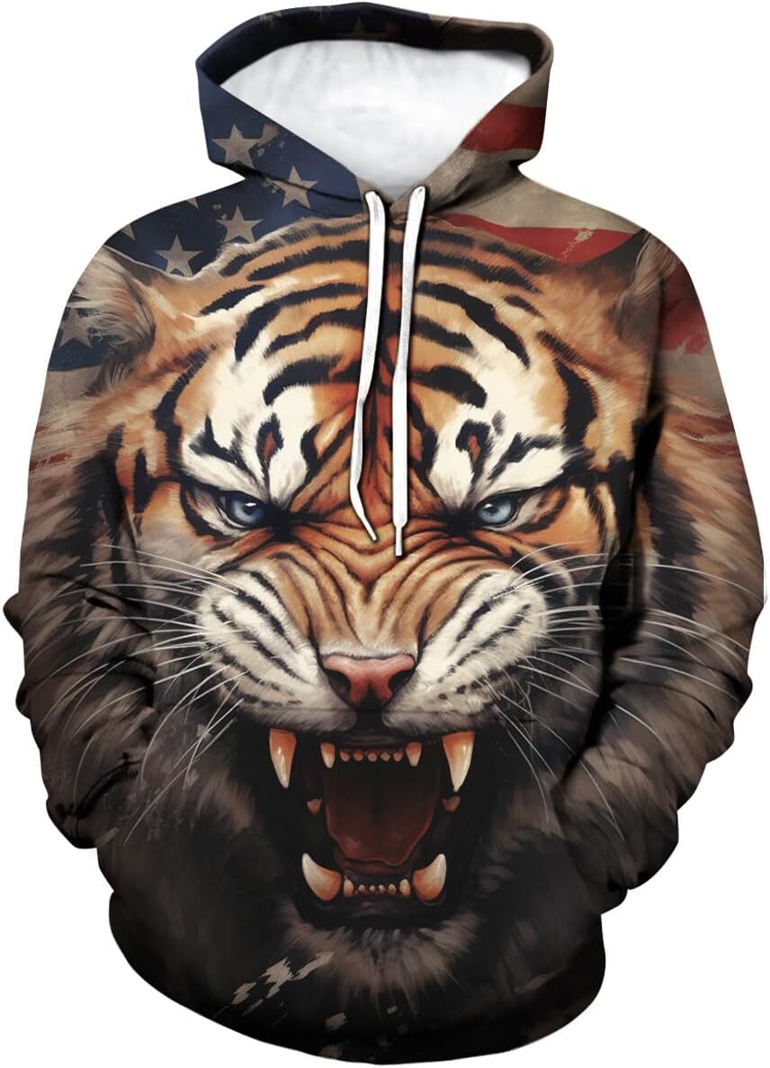 Hoodie for Mens Womens Mens Tiger Graphic Hoodie 3D Printed Novelty Hoodies Flag Sweatshirt With America Graphic Hoodies sweatshirt Pullover Long Slee