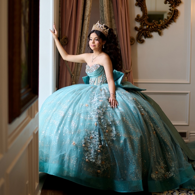 Glitter Water Blue Quinceanera Dresses Ball Gown Applique Lace Beaded Crystal Tiered Corset Sweet 16 Dress Vestidos De 15 Anos