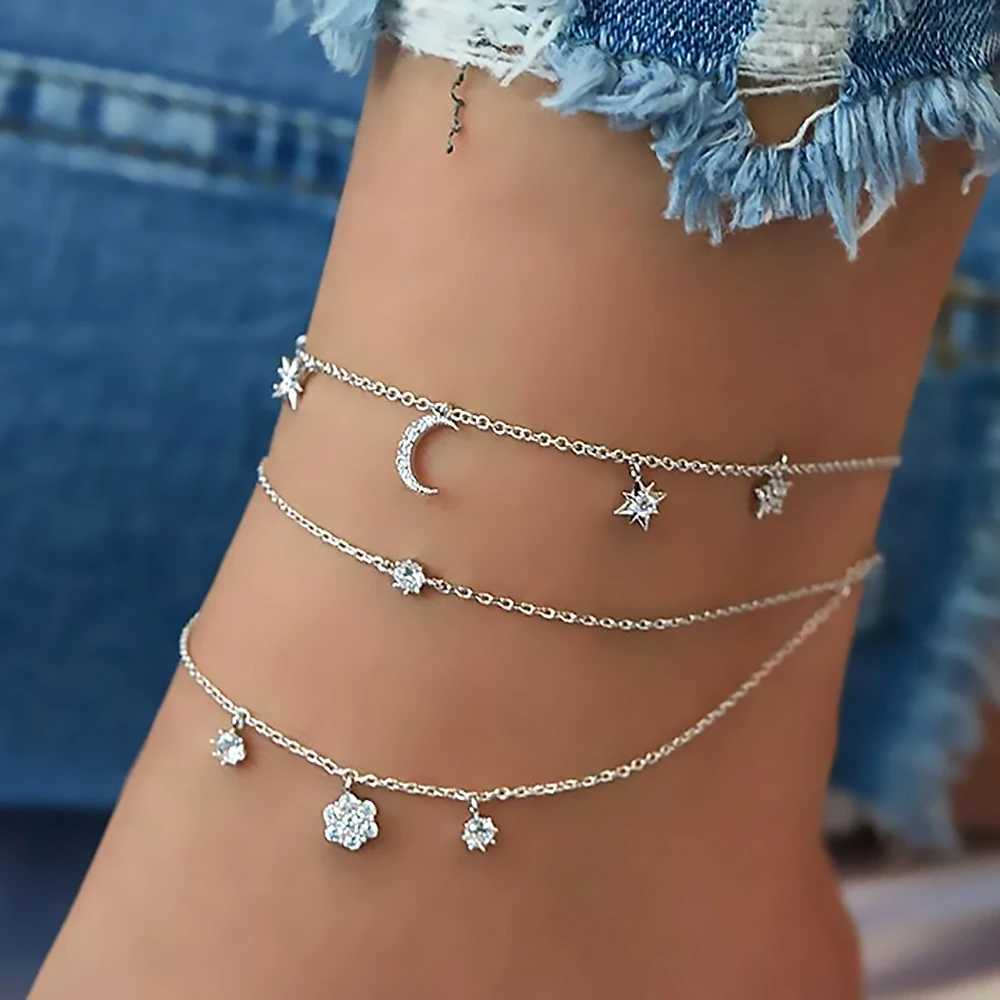 Bohemian Charm Anklet Set For Women Star Moon Ankle 3PCSFNIO Bracelet On Leg Foot Chain Female Beach JewelryX2409