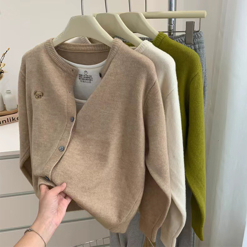 Embroidered Puppy Round Neck Knit Cardigan Women Korean Fashion Solid Color Soft Sweater Autumn Winter New Lady Knitwear
