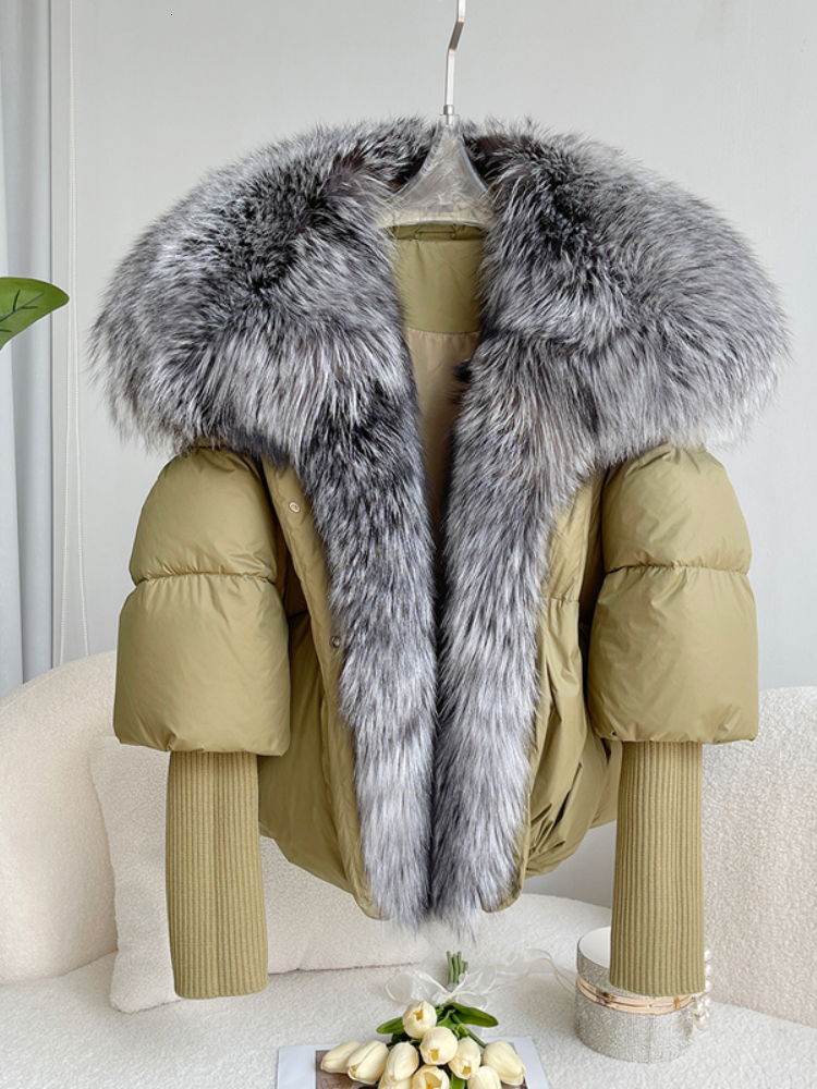 ANNSIRGRA Women's Winter Coat White Duck Down Jacket Super Large Real Sier Fox Fur Collar Knitted Sleeve Fashion Outerwear
