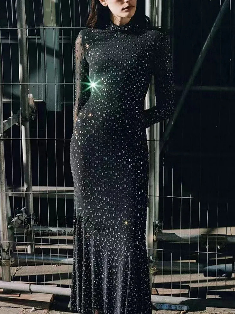 Skirt Y2K Spring/Summer Square Diamond High Neck Sparkling Sleep Fishtail Braid Dress 24Slim Thin Party Dress 240926