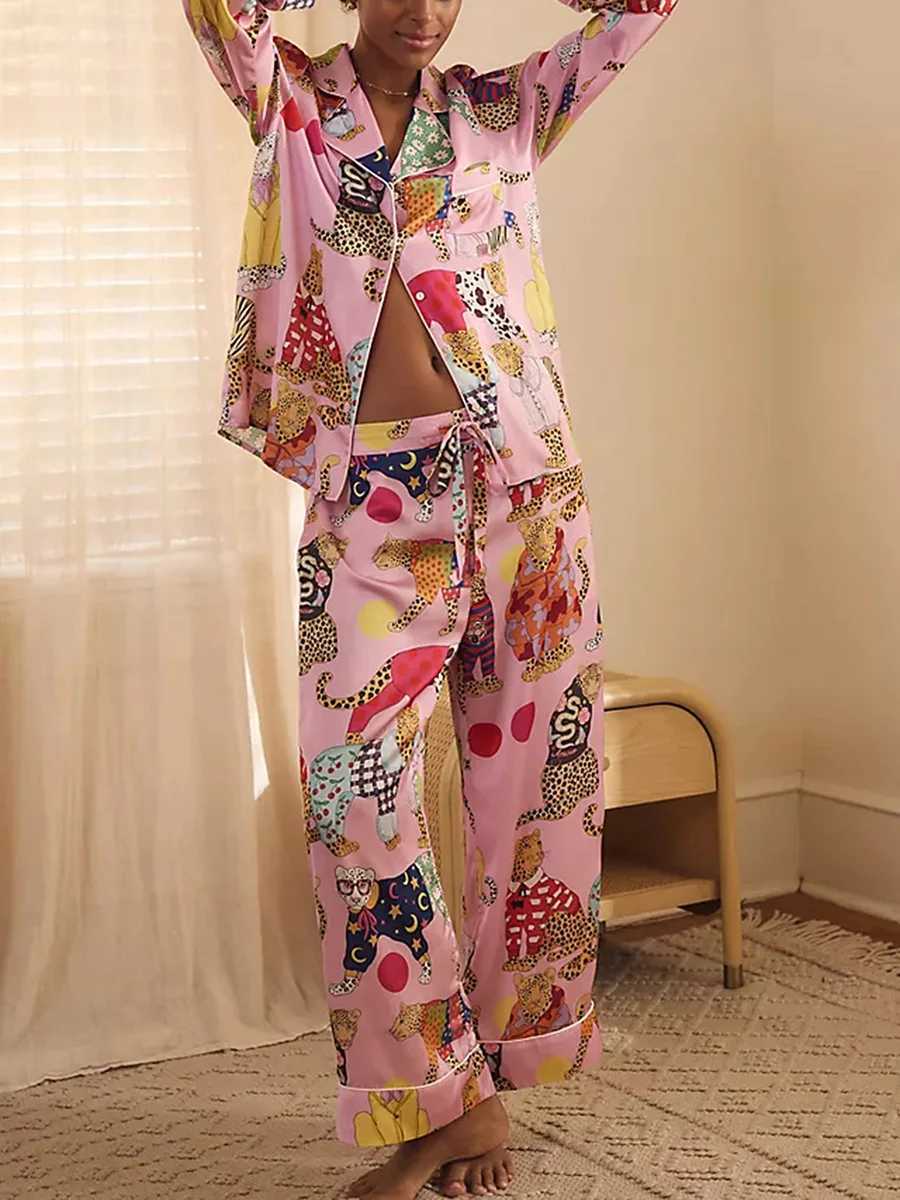 Women s Pajama Set Cheetah Print Lapel Neck Button Down Long Sleeve Tops Drawstring Pants Lounge Set for Spring Fall M240925