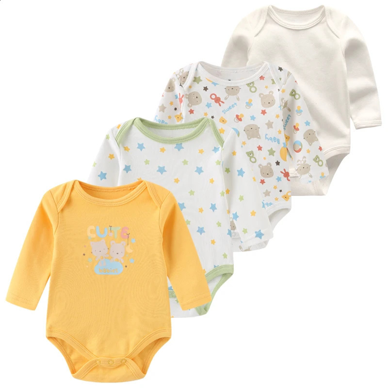 Neutral cotton baby girls clothing set 4piece long sleeved born boys printed tight fitting solid color Anmian 240925