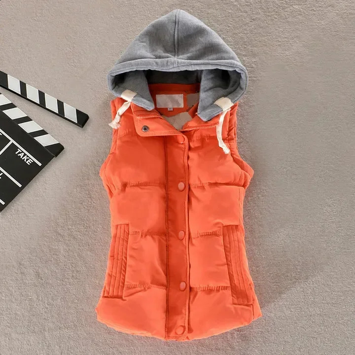 Orange sleeveless womens large-sized bedding jacket cotton hooded sweatshirt inflatable vest womens short sleeved warm casual top 6XL vest women 24092
