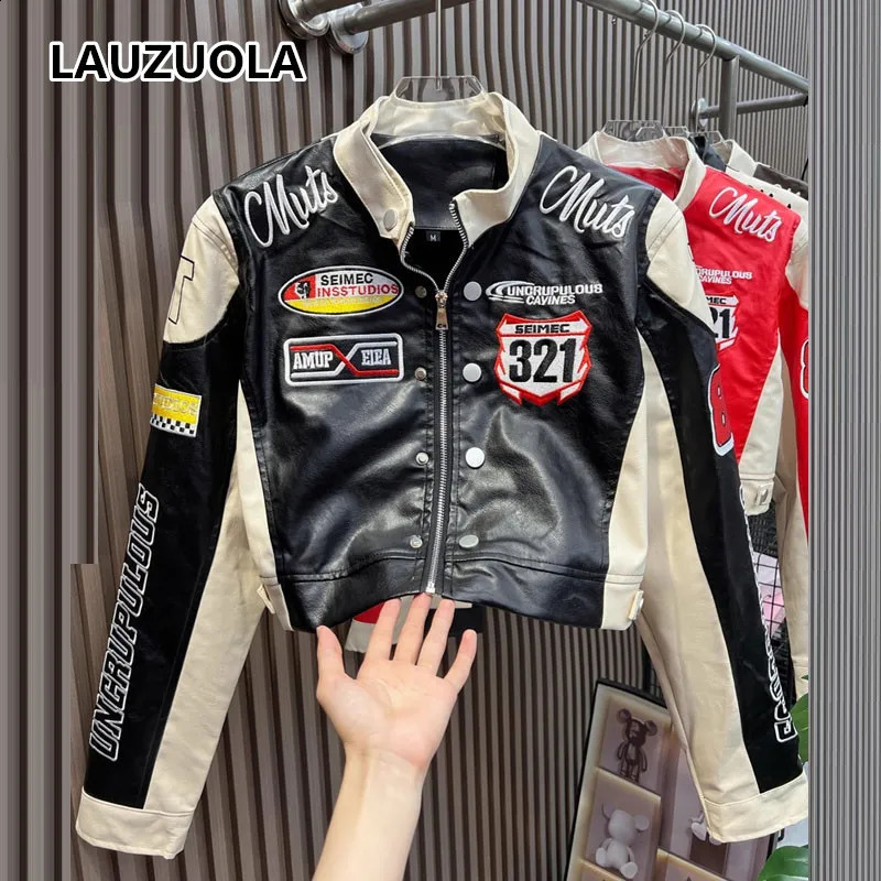 American retro letter embroidered motorcycle cut jacket womens PU leather street style racing baseball short jacket 240926