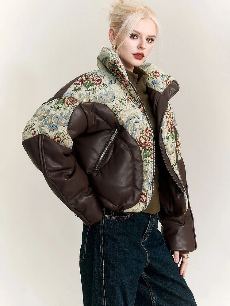 Winter Vintage Coat Womens Winter PU leather Parka Waterproof Embroidered Jacquard Jacket down Thick Warm Outerwear 240918