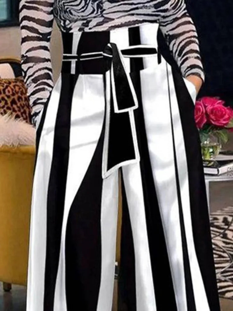 Free black and white striped womens pants high waisted straps wide legs at the waist bottom of urban womens streetwear 240923