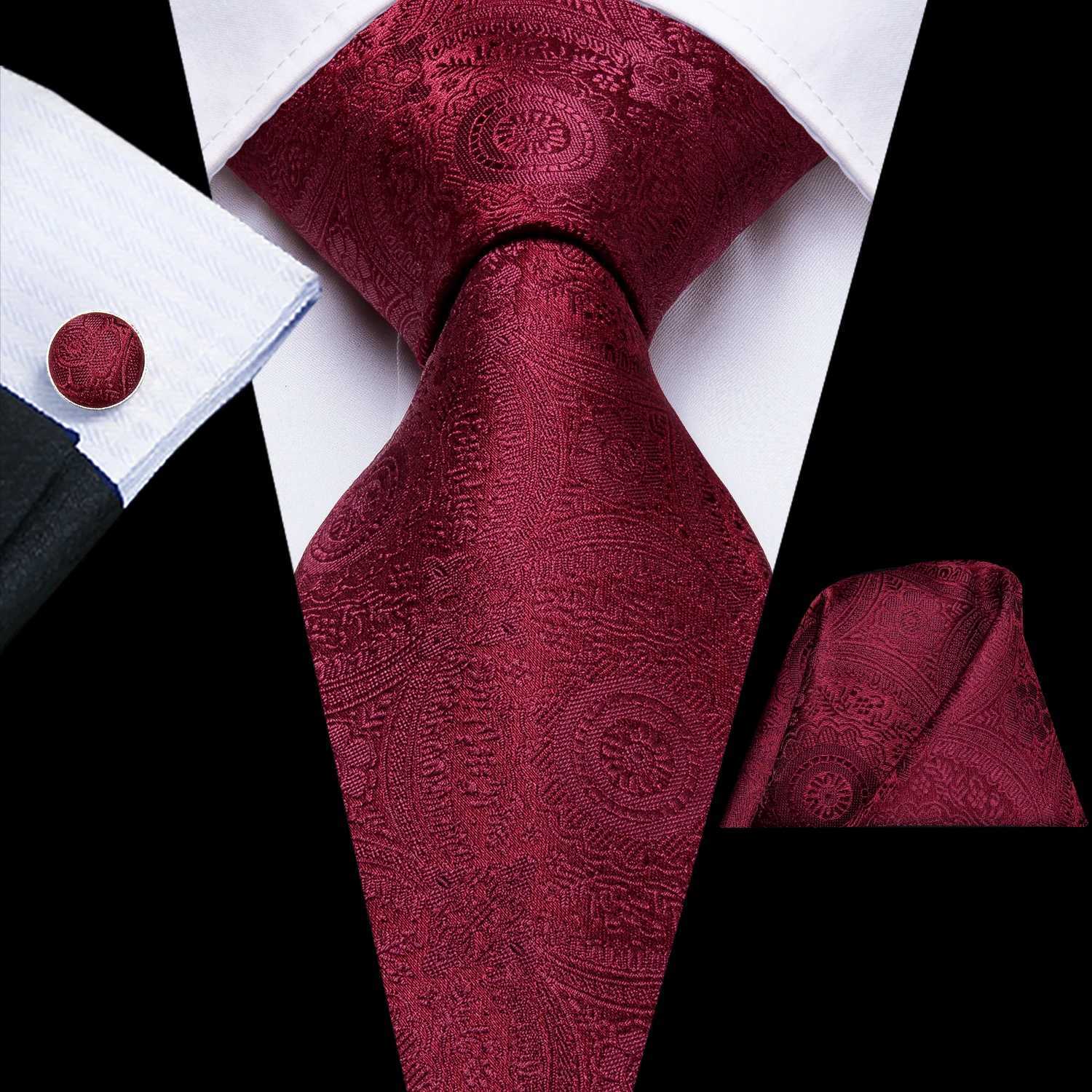Hi-Tie Mens Gift Tie Set Red Wine Burgundy Paisley Silk Wedding Tie For Men Fashion Design Quality Hanky Cufflink Dropsing X2504071