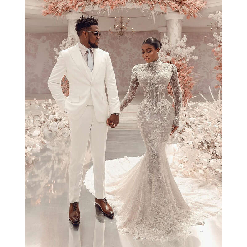 Chart Vintage Dress Mermaid High Neck Fulllace Long Sleeves Plus Size Wedding Dresses Bridal Gowns Button Back Sweep Train Lacefull Robe De Mariage Es