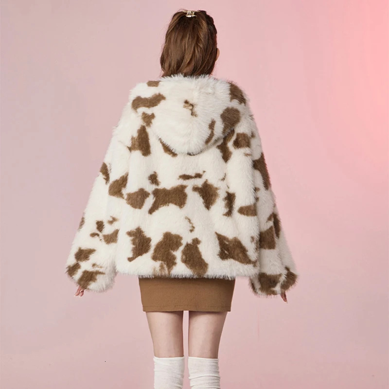 Oversized Leopard Faux Coat Women Winter Sweet Haruku Y2k Fashion Girls Thicken Fox Fur Jacket Hooded Overcoat Outwear