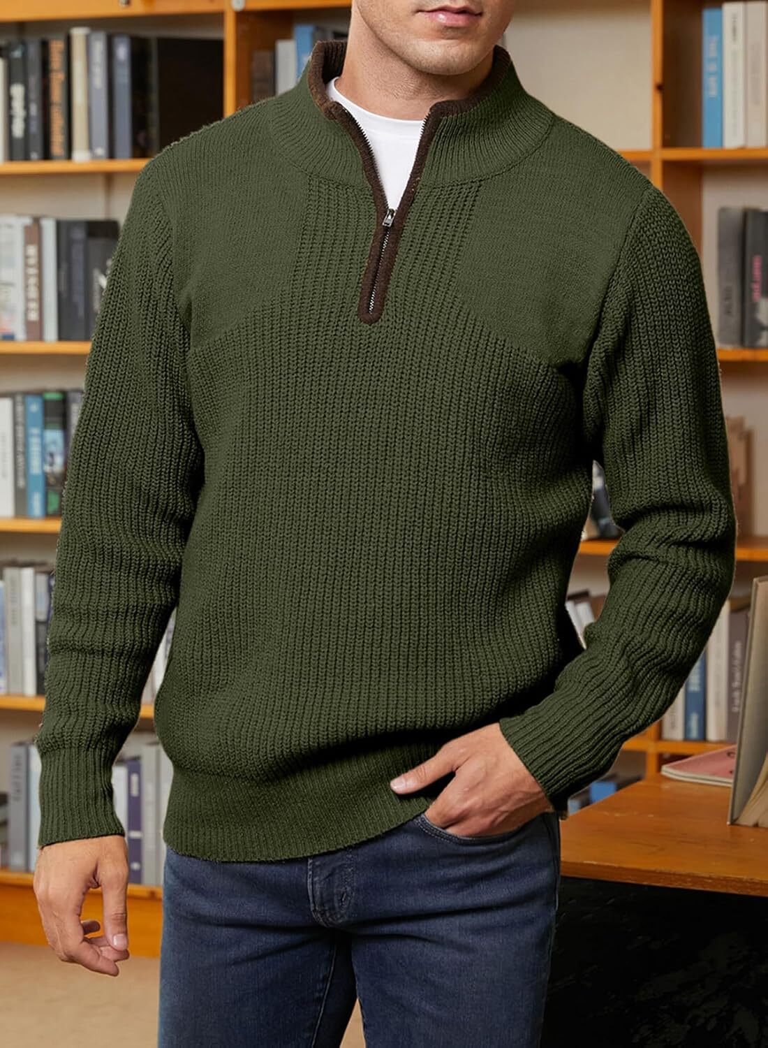 Men's quarter zipper sweater, lightweight enterprise collar casual long sleeved knitted solid color pullover sweater