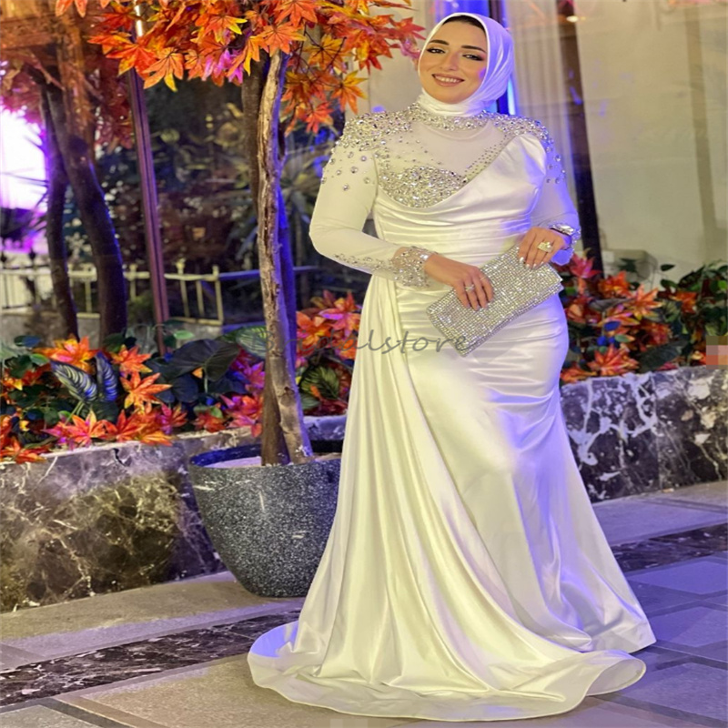 Charming Crystal Muslim Wedding Dresses 2025 Elegant Rhinestone Long Sleeve Mermaid Islamic Country Bridal Dress Gatsby Bride Vestidos Novias Boda Cas