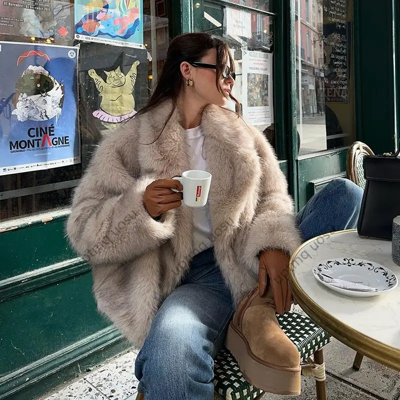 Faux Fur Jacket Women Cropped Lapel Collar Animal Natural Color Fuzzy Winter Coat Fashion Brand Iconic Vibe Outfit Parka Outwear