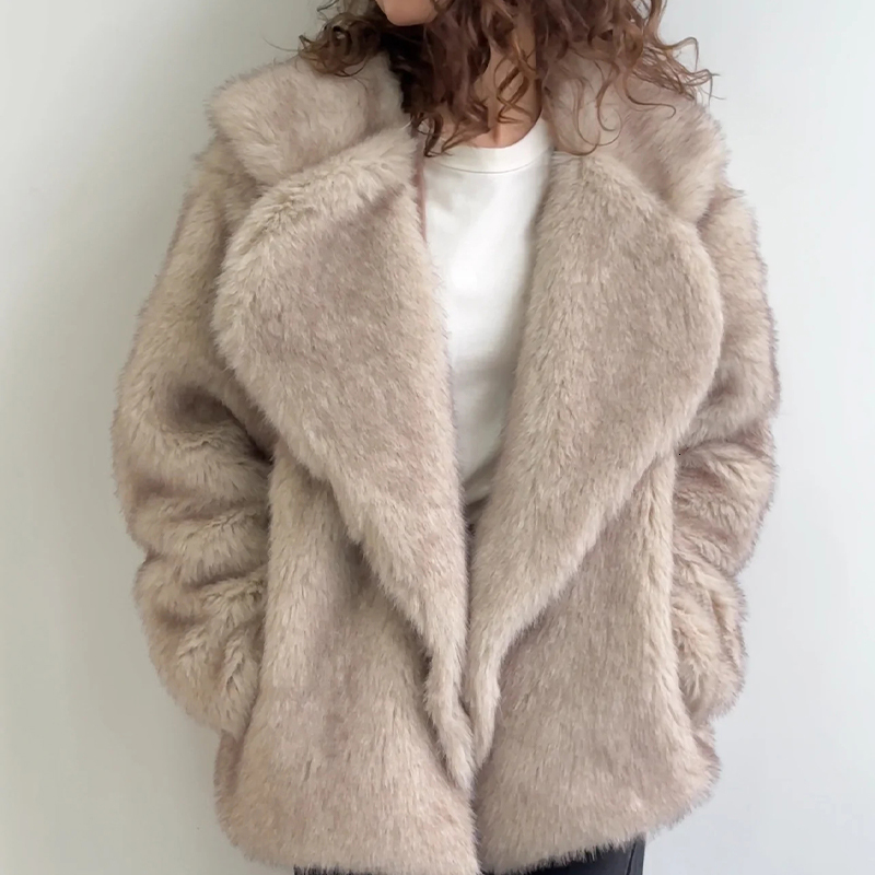 Oversized Lapel Fluffy Coat Women Winter Warm Solid Faux Fur Jacket Long Brand Loose Party Outwear Fashion Clothes
