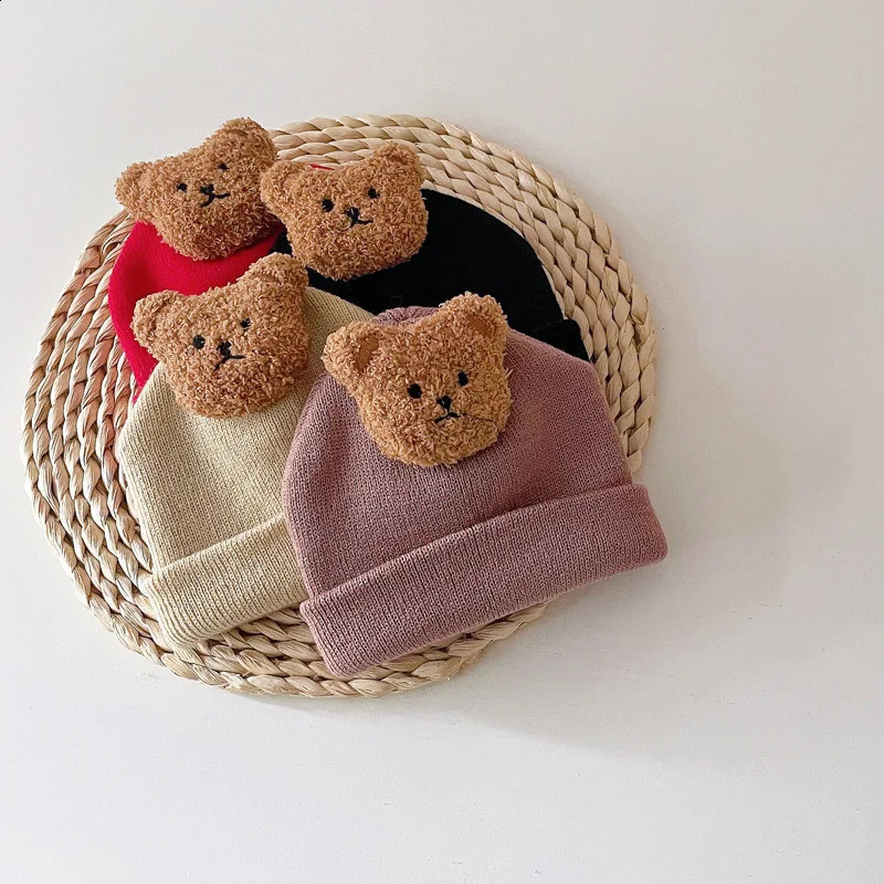 Korean cartoon bear baby hat cute solid color born bean girl boy autumn toddler knitted 240925