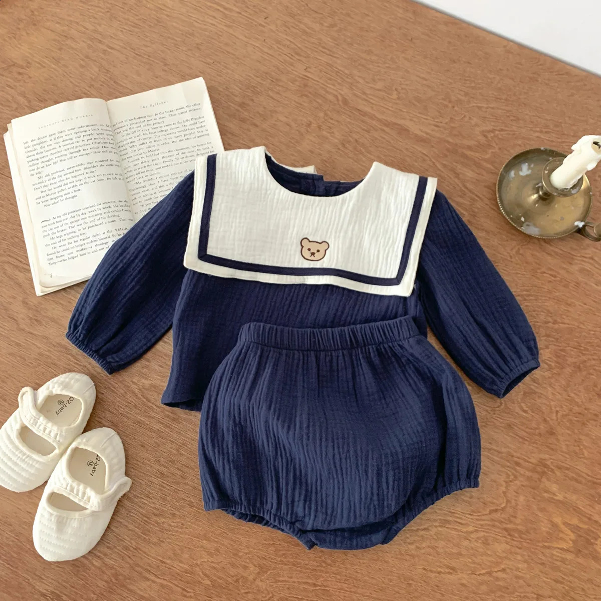 Long sleeved shirtbread pants Korean casual baby clothing born organic cotton navy blue collar Stye 240925