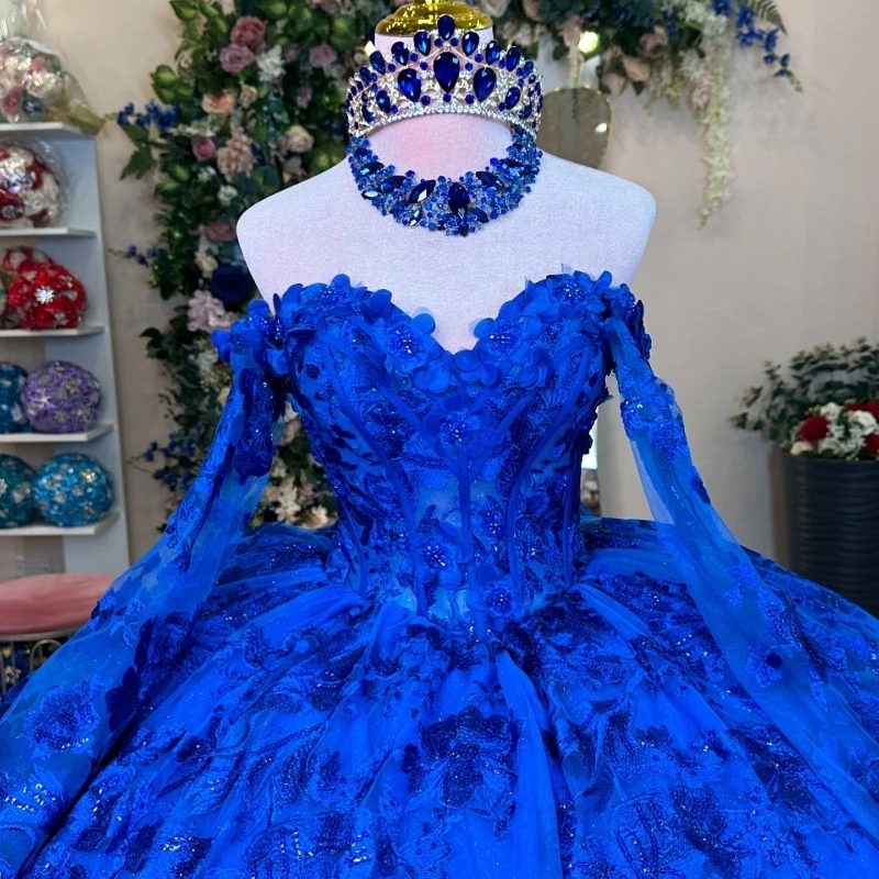 Royal Blue Shiny Off Shoulder Quinceanera Dresses Ball Gown Classic Applique Lace Flower Tull Sweet 16 Dress Vestidos 15 De Anos