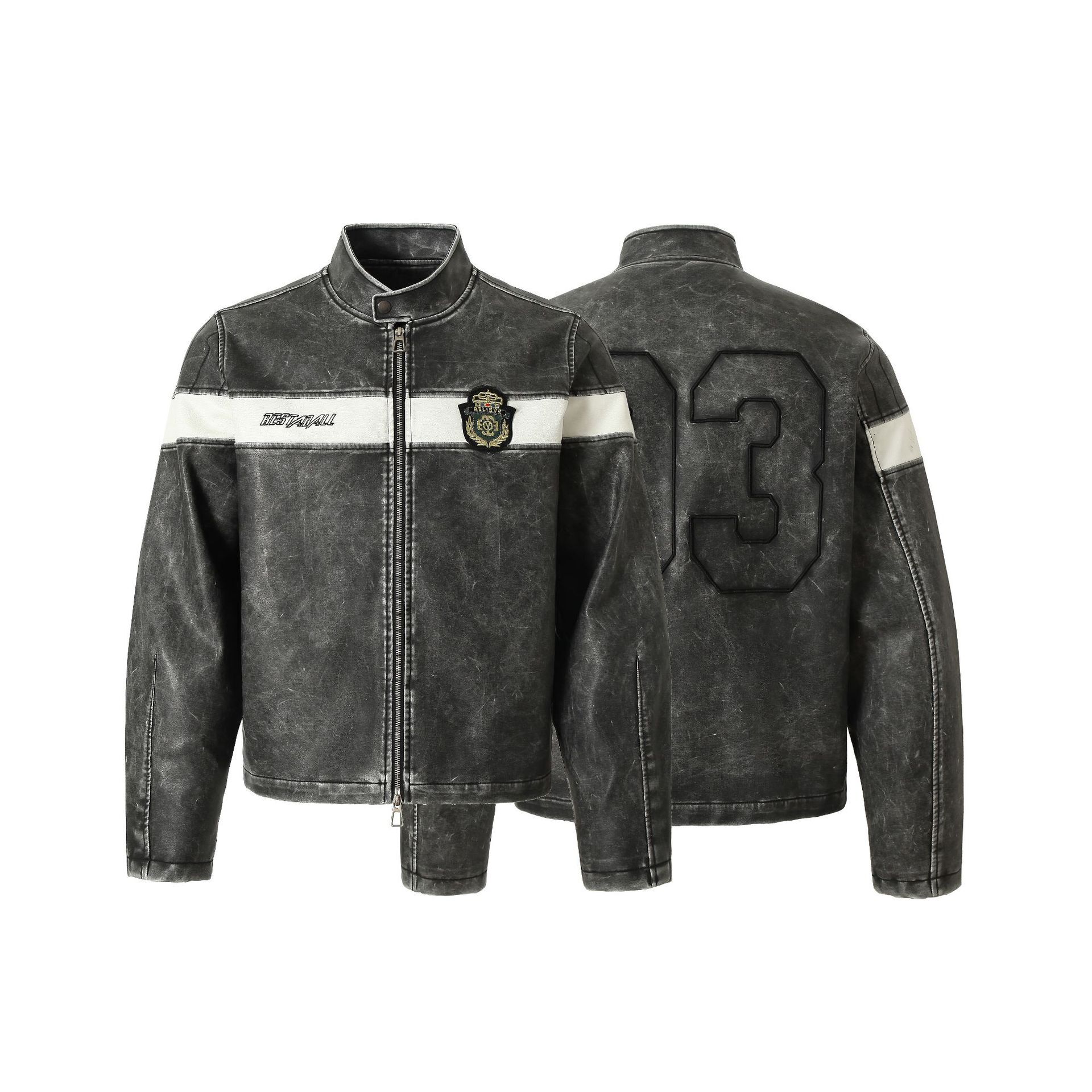 Autumn And Winter New American High Street Retro PU Imitation Leather Embroidered Jacket Men
