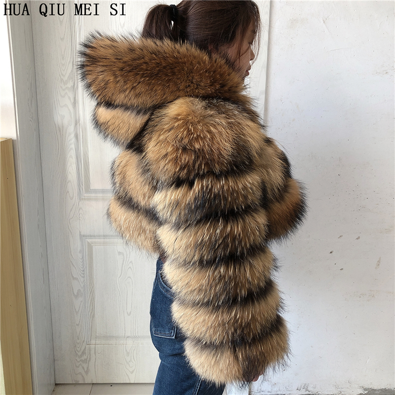 Natural New High Street Women Winter Jacket Real Fox Natural Raccoon 3 Rows Hooded Fur Coat