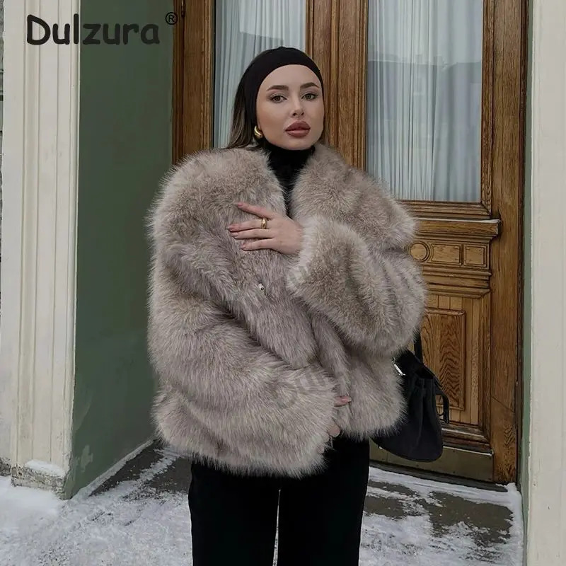 Gradient Fluffy Coat Women 2024 Winter High Street Big Collar Furry Faux Fox Fur Jacket Female Overcoats