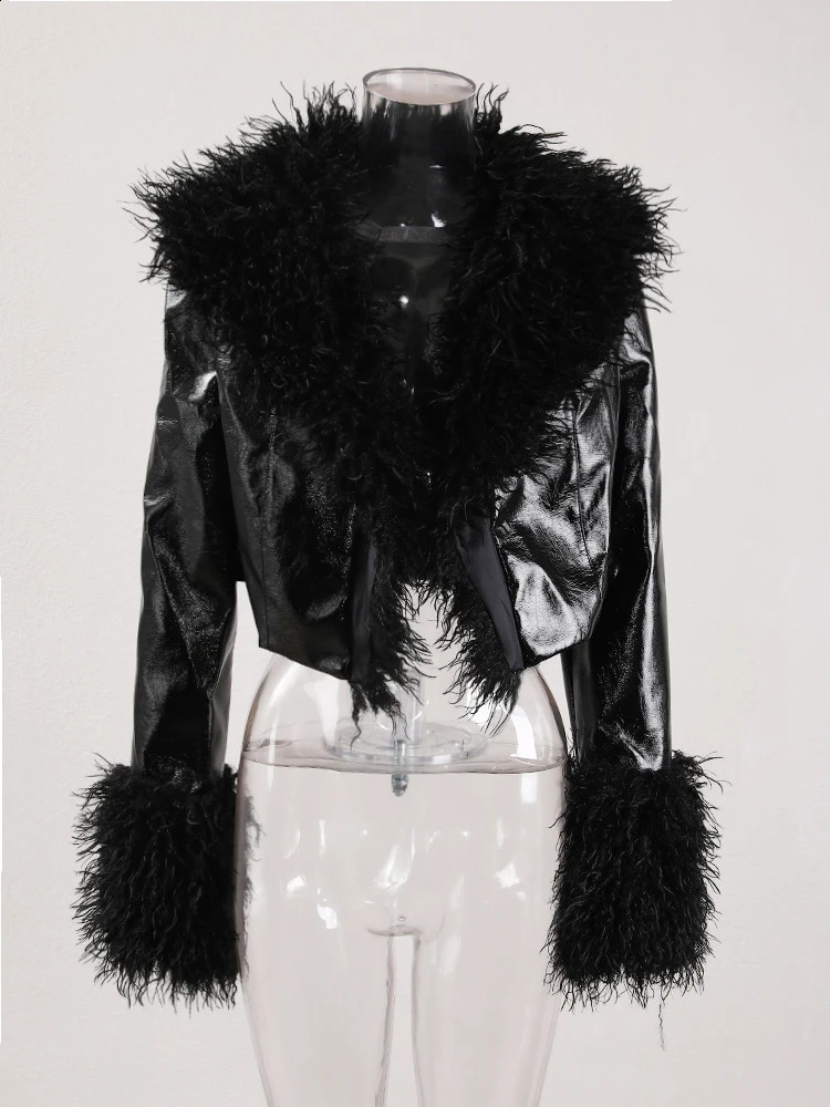 DEAT Fashion Womens Short Coat Flip Collar Simulated Sheepskin Gloss Patent Leather Patch Work Short Thin Coat Spring 11X6155 240923