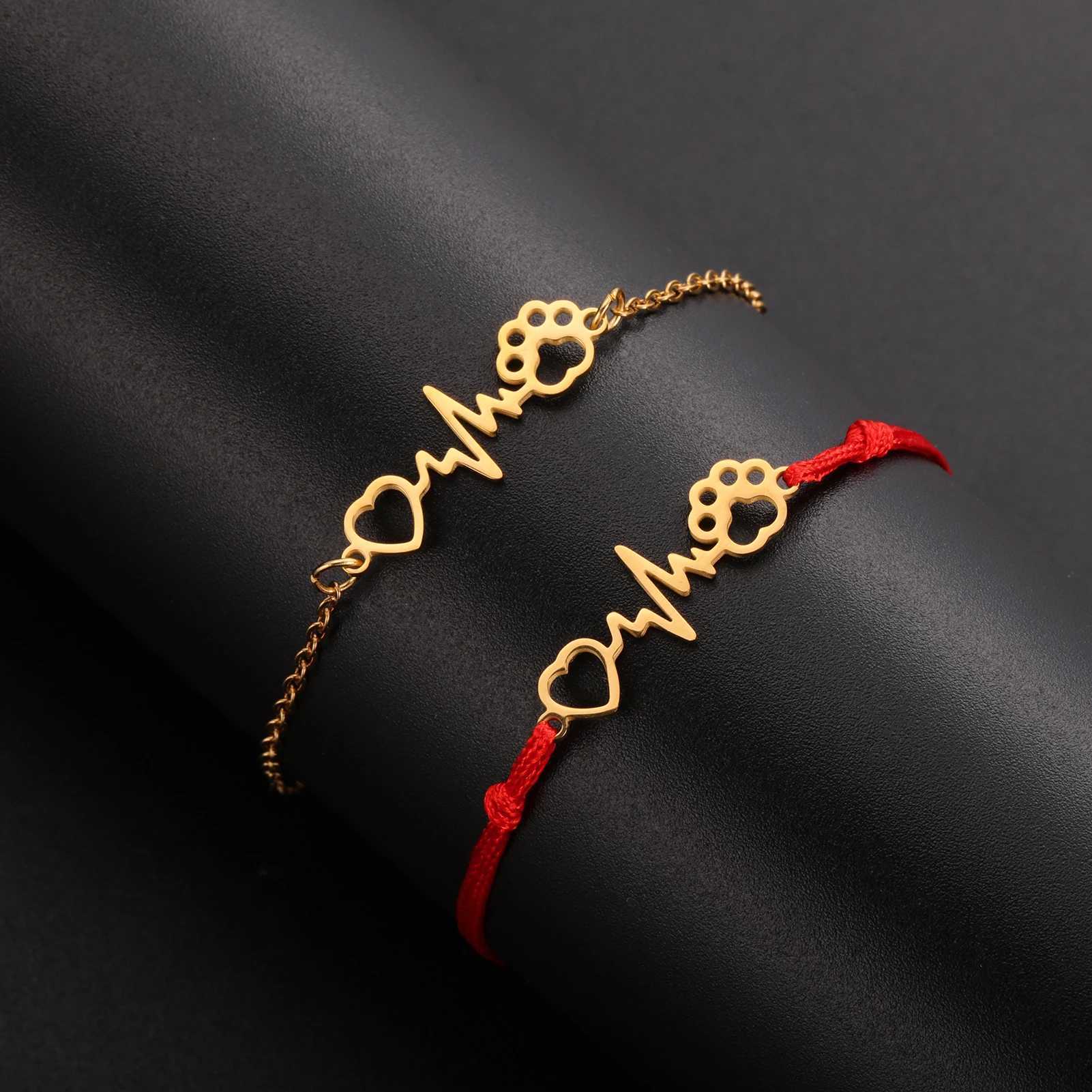 Cazador Heartbeat Cat Dog P Footprint Heart Charm Bracelet for Women Stainl Steel Wax Rope Bracelet Gifts Jewelry New 2024XJ250109