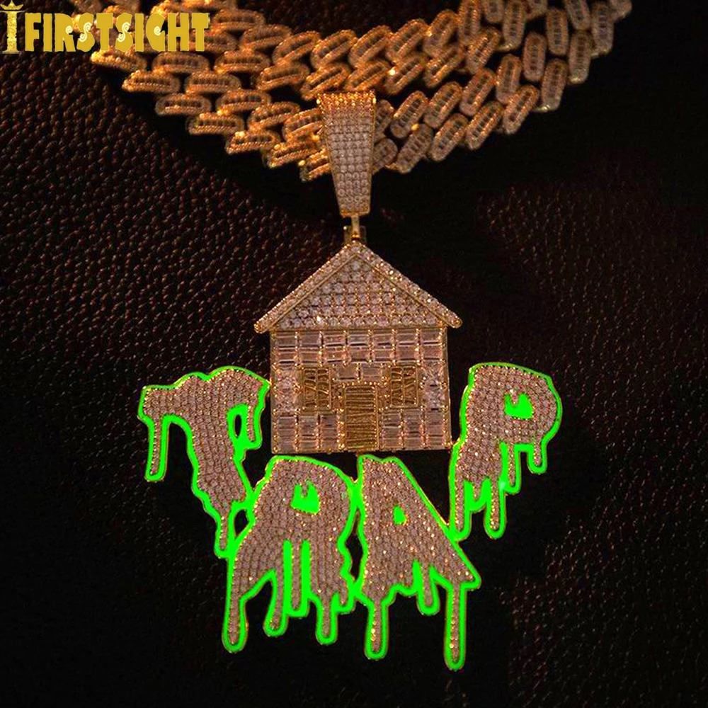 Iced Out Bling CZ Letter Trap Pendant Necklace Zircon House Green Fluorescenc Charm Men Hip Hop Jewelry 240918