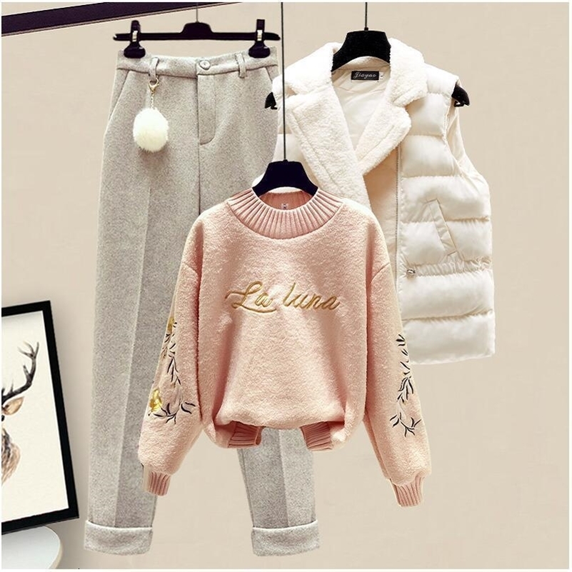 Thickened Cotton Jacket Vest Knitted Long Sleeved Sweater Pullover Woolen Pants Three Piece Elegant Womens Set y240925