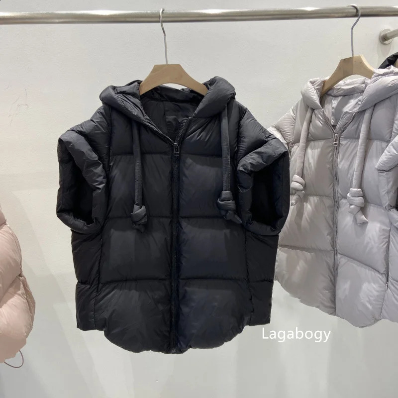 Lagabogy Winter Womens Chic Hooded Zipper Inflatable Coat 90% White Duck Down Vest Womens Casual Loose Sleeveless Warm Tank Top 240925