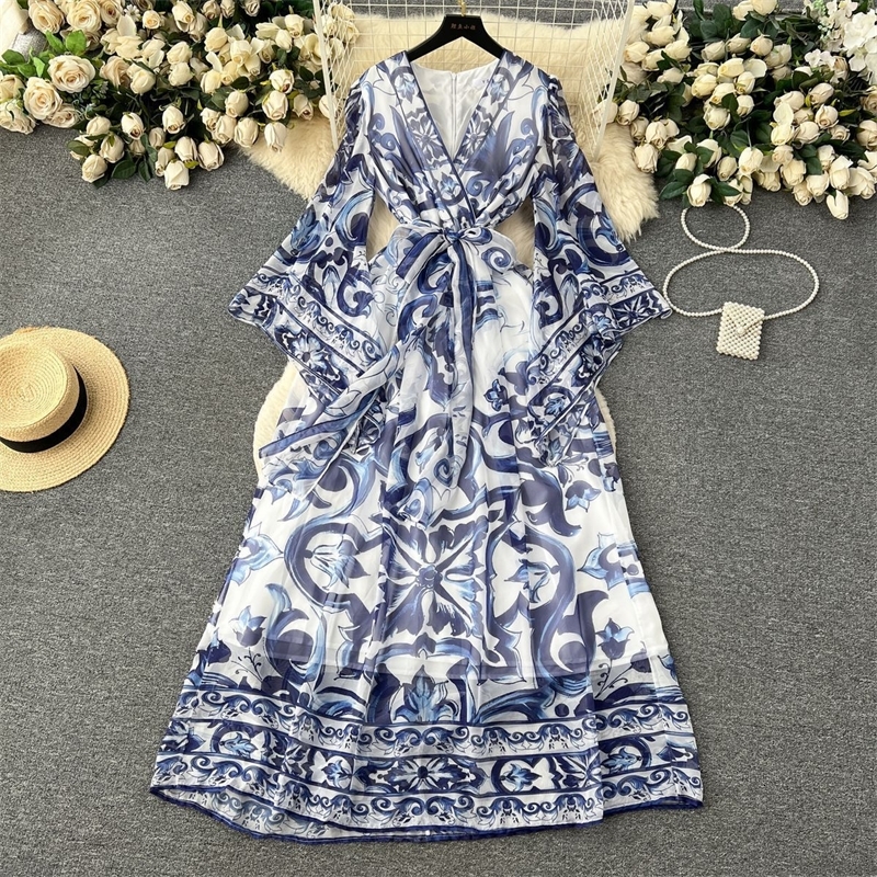 Designer Womens Casual Dresses Luxury Temperament Long Sleeved V-neck Slim Blue And White Porcelain Positioning Silk Dress