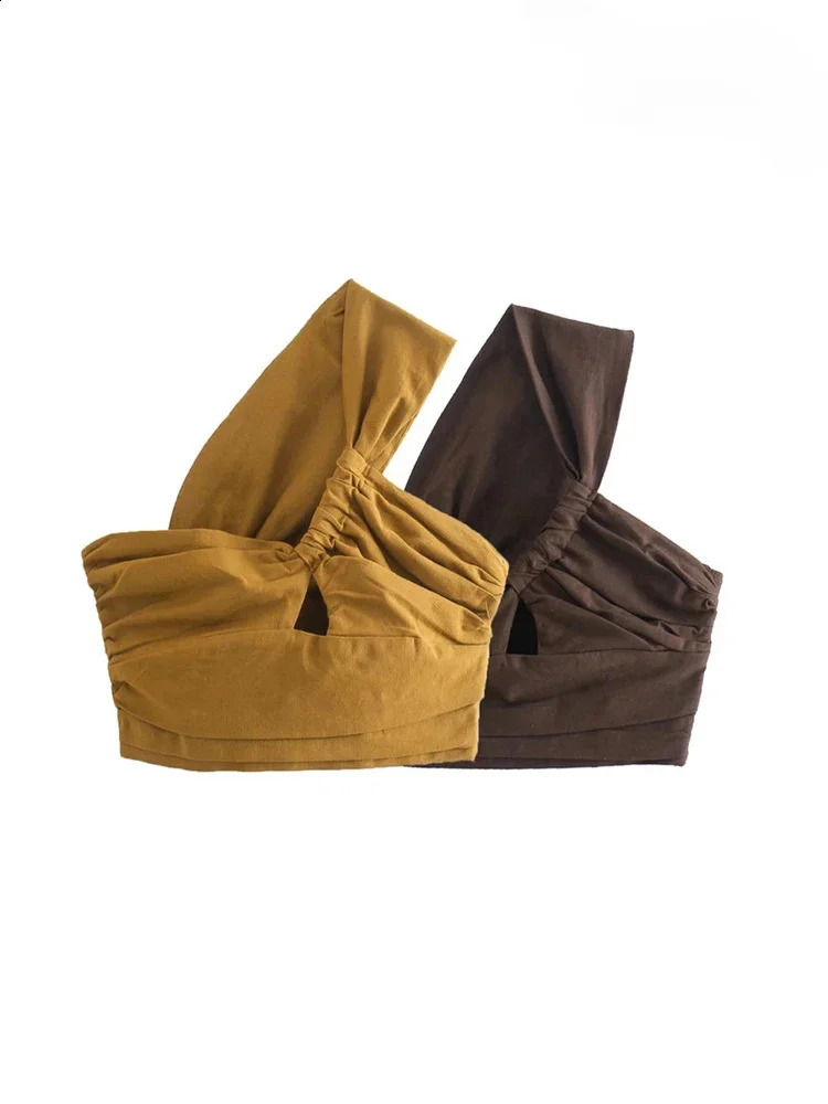 ASDS Women Sexy Fashion Pleated Asymmetry Linen Crop Tank Tops Vintage One Shoulder Side Zipper Female Camis Mujer 240926