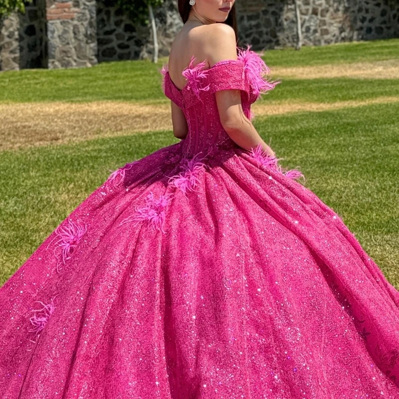 Rose Red Princess Sparkly Quinceanera Dresses off the shoulders Crystal Tassel Corset Lace-up Vestidos 15 De xv Anos Sweet 16 Dress