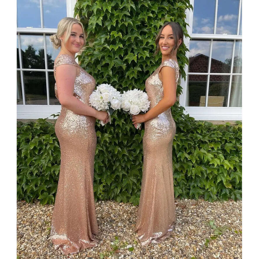 Sequined Dresses Gold Bridesmaid Low Cowl Back Sheath Mermaid Cap Sleeve Evening Prom Gowns Backless Wedding Guest Party Dress Cps344 less