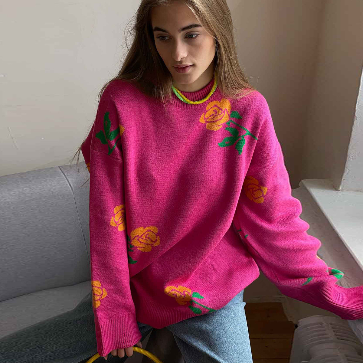 OMCHION Sweater 2024 Fall Korean Style Knitwear Rose Print Sweaters New Loose Winter Clothes Women