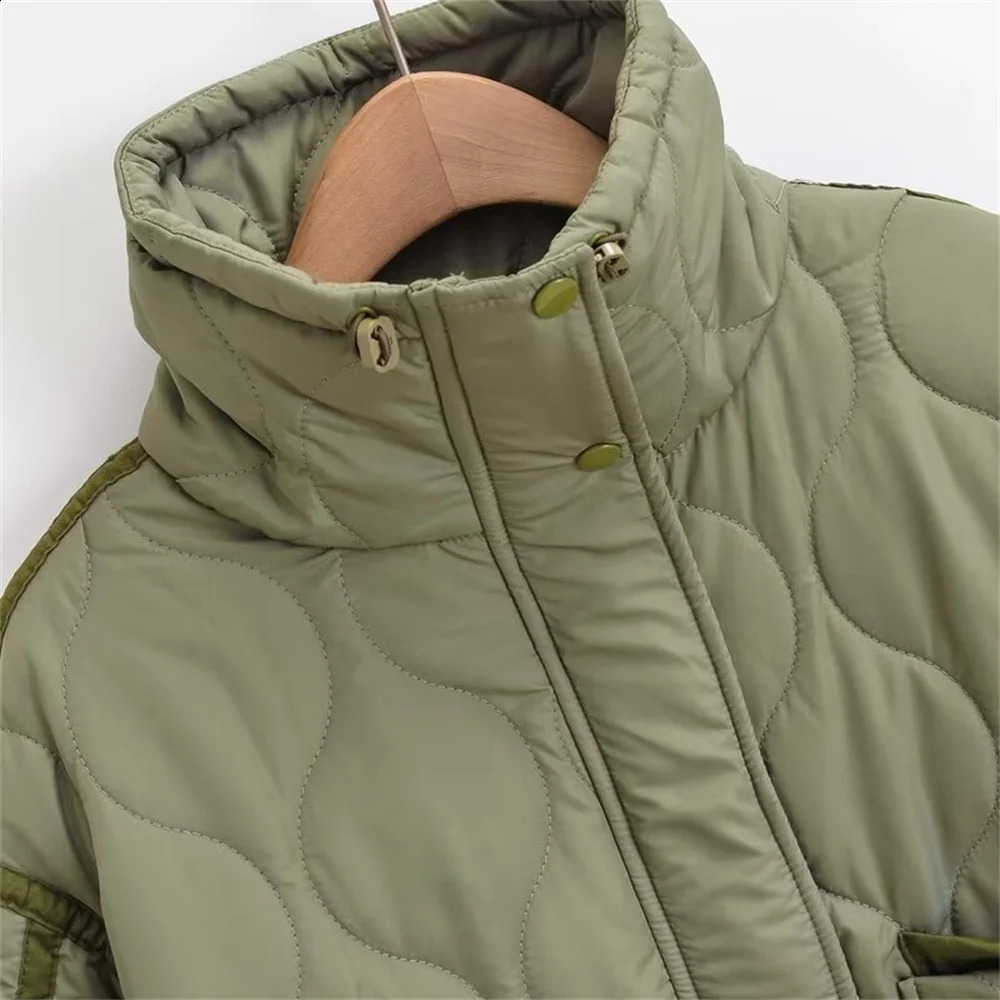 autumn womens fashion pocket decoration loose long sleeved stand collar diamond grid cotton jacket short jacket 240914