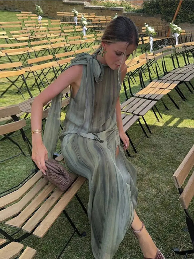 Contrast Color Hanging Neck Maxi Dress Womens Chic Shoulder Sleeveless Splicing Loose Pants Womens Casual Party Dress 240926