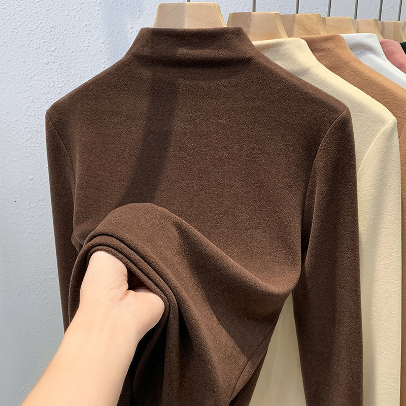 2024 New Designer Women's Half High Collar German Velvet Bottom Sweater Double sided Velvet T-shirt Warm Matching Belt Top