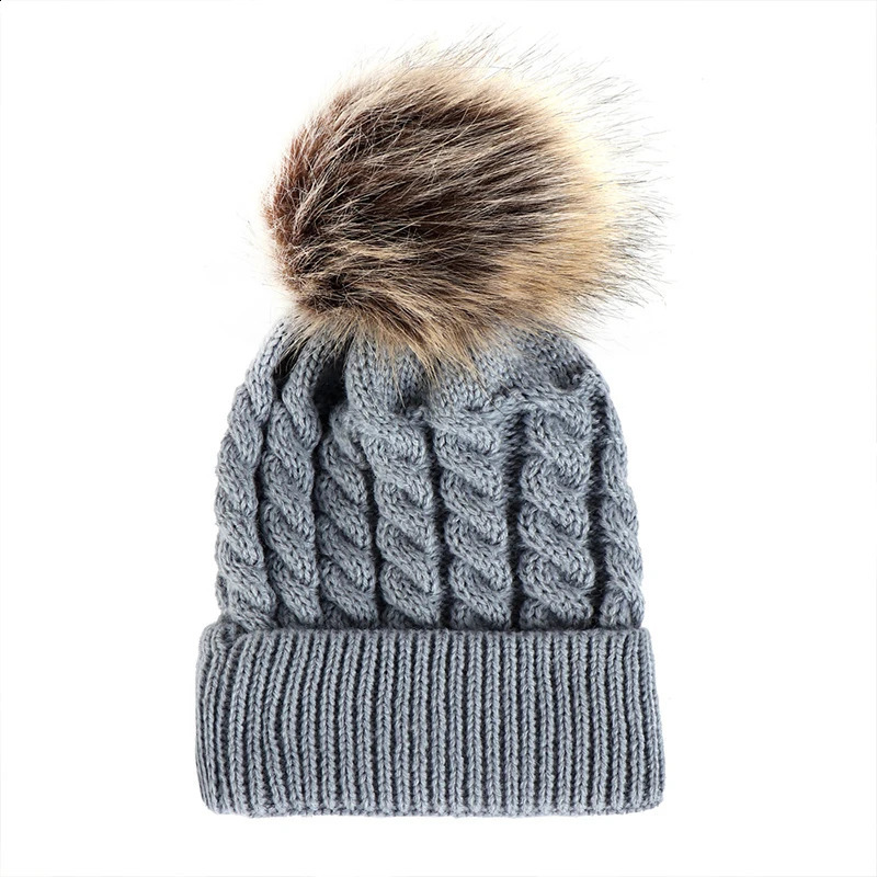 Winter hat childrens knitted baby fur Pom girls warm and toddler 240925
