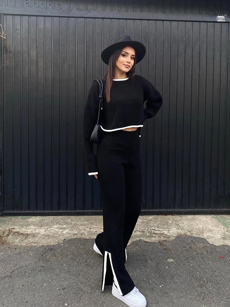 Deioao Knitted Sexy Women 2-Piece Autumn Umbilical Long Sleeve O-Neck Sweater Bodycon High Waist Split Pants Casual Body 240920