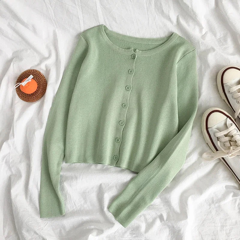 Rin Confa Women Fine Knit Cardigan Top Crew Neck Button Front Long Sleeve Femme Casual Spring Light Cropped 240919