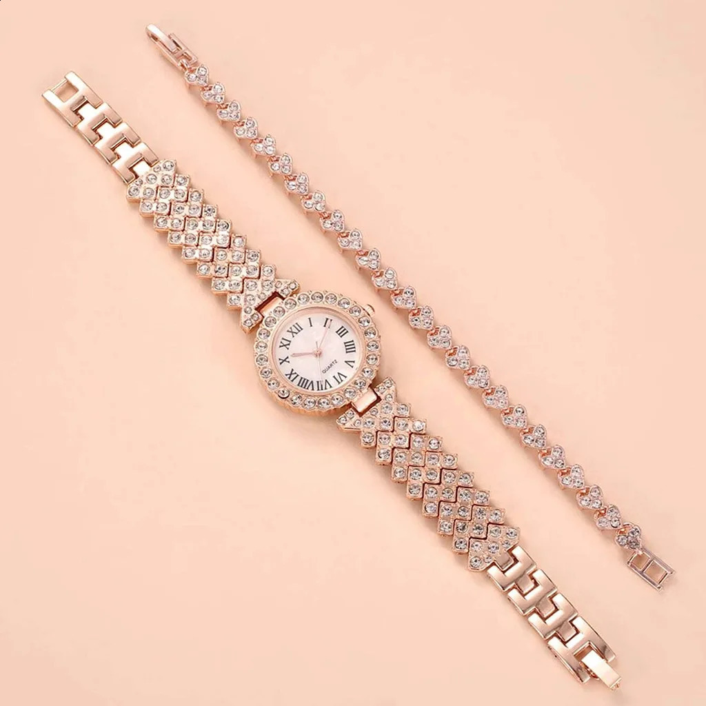 Womens Sparkling Bracelet Watch 2-piece Set Rose Gold Watch Fashion Womens Elegant Quartz Diamond Watch Womens Reloj Mujer 240929